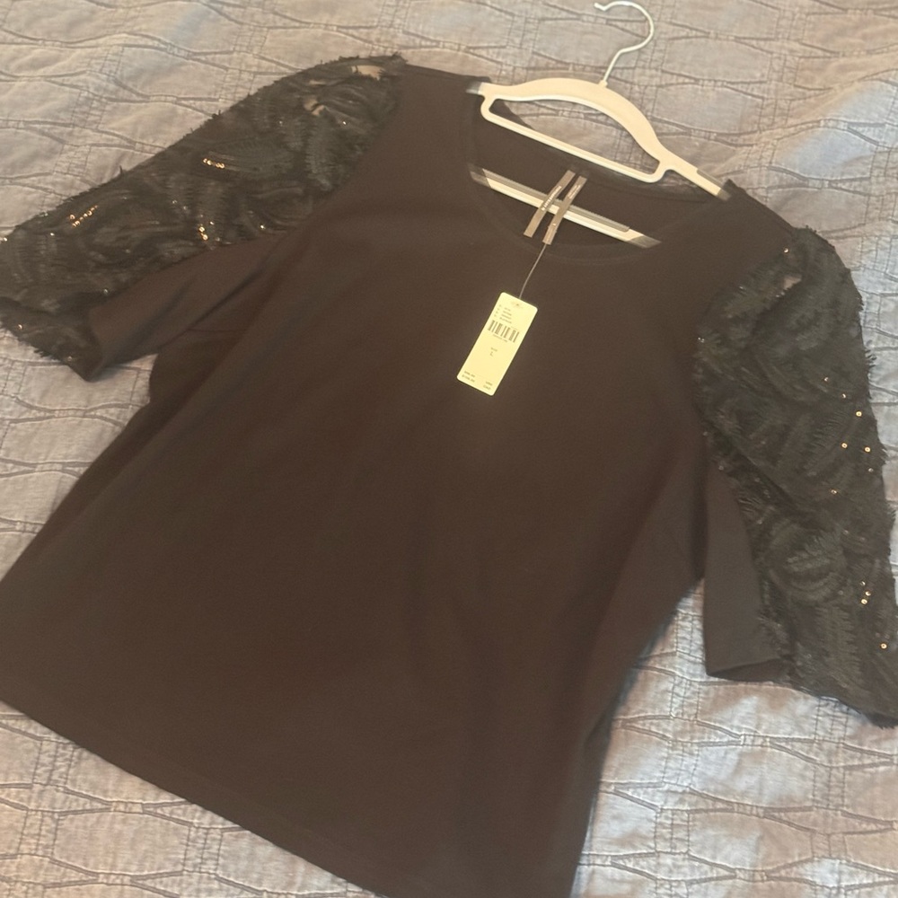 Anthropologie Black Blouse with Sequin Sleeves